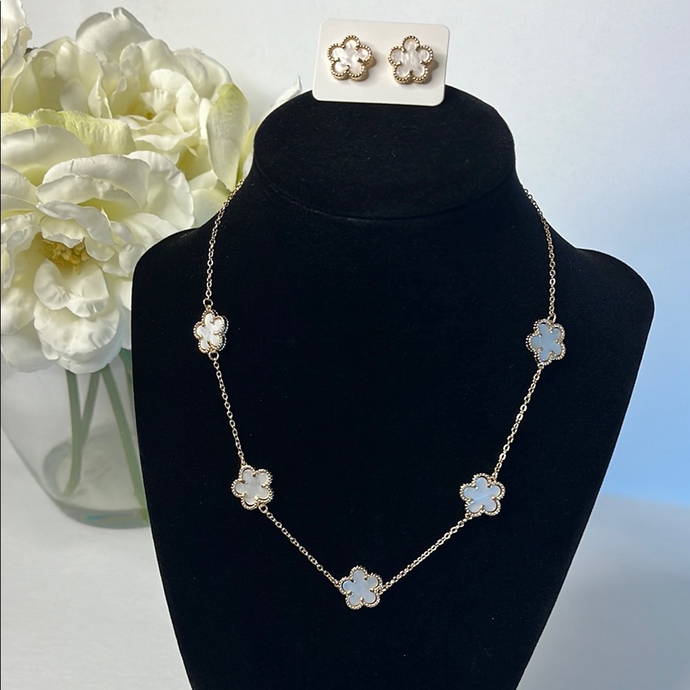 Gold and White Clover Necklace and Earring Set